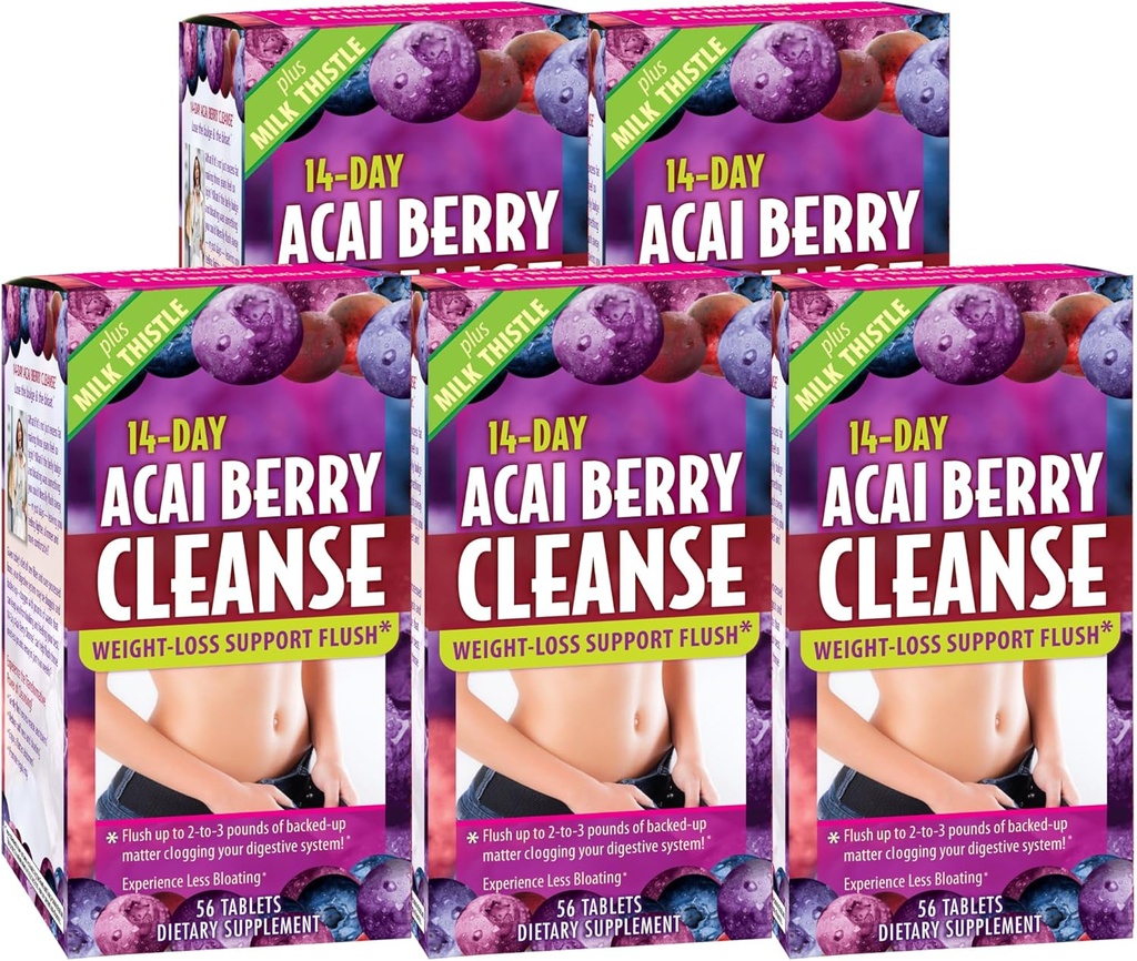 Uygulamalı Beslenme 14-Day Acai Berry Cleanse - 56 Tablet, 5 Paket - Kilo-Los Desteği Flush + Süt Butle - 140 Toplam Hizmet