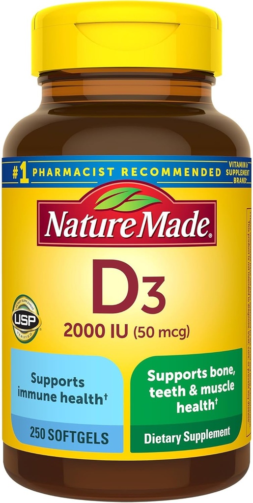 Nature Made Vitamin D3 2000 IU (50 mcg), Vitamin D συμπλήρωμα για τα οστά, δόντια, μυών και ανοσοποιητική υποστήριξη υγείας, 250 Softgels, 250 Ημέρα προσφοράς