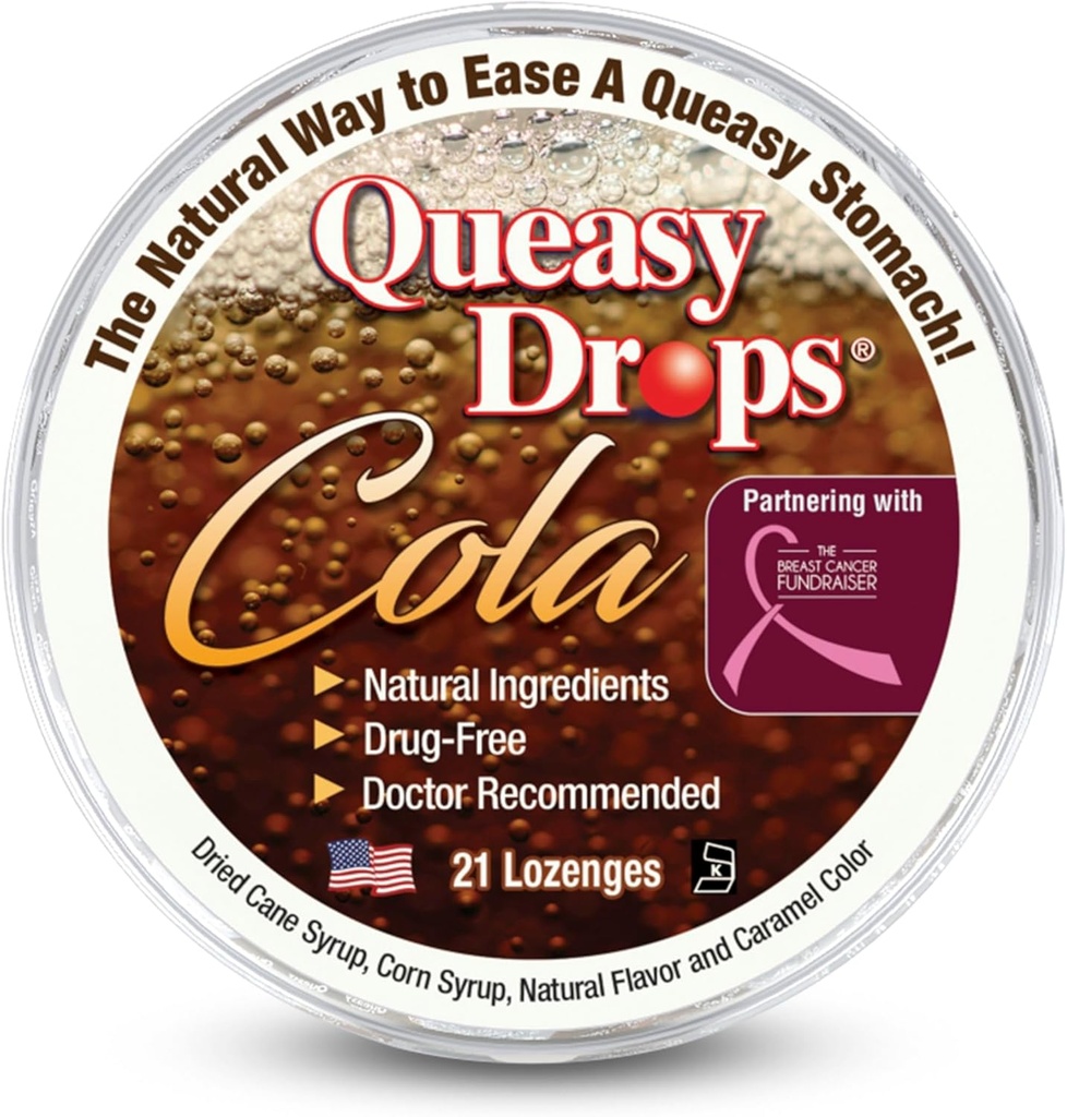 Üç Lollies Queasy Drops - Cola Flavor - Nausea & Travel Hastaness, Soothes a Kuru Mouth & Settles Stomach - Doğal Malzemeler - 21 ct