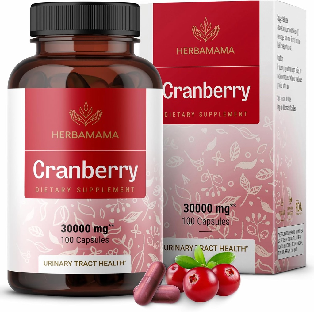 HERBAMAMA Cranberry Extract Capsules - Urinary Tract Support - Vegan, Non-GMO Bladder Support Supplement, 100 Caps