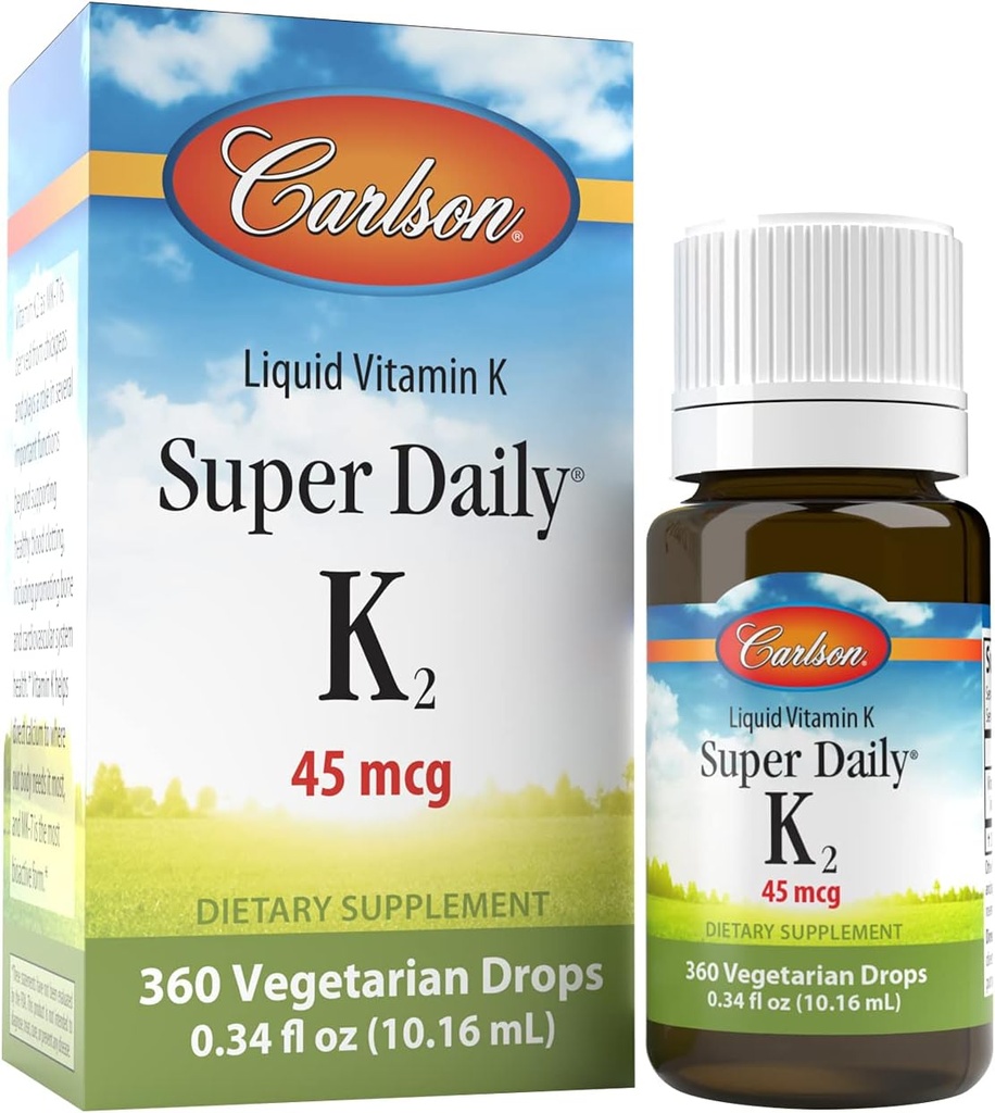 Carlson - Super Daily K2, 45 mcg Sıvı Vitamin K, Bone Health, K2 Vitamin, C Tamam, Vitamin K-2 MK7, Unflavored, 360 Drops (10.16 mL)