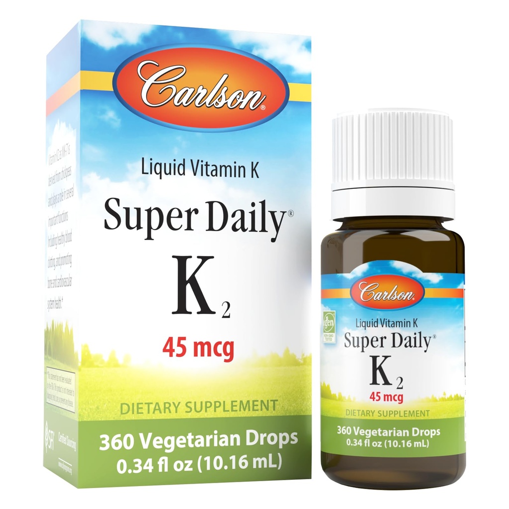 Carlson - Super Daily K2, 45 mcg Sıvı Vitamin K, Bone Health, K2 Vitamin, C Tamam, Vitamin K-2 MK7, Unflavored, 360 Drops (10.16 mL)