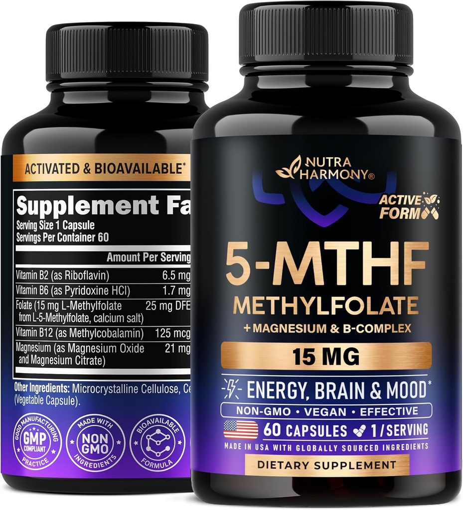 NUTRAHARMONY L Torchfolate 15 mg - 5-MTHF Mefolate Supplement Plus Metil B12, Vitaminler B2 & B6, Magnezyum - ABD'de 60 Capsules 2 Ay