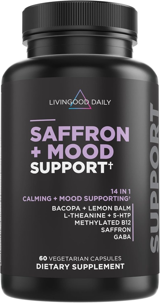 Livingood Daily Mood Support Supplement for Women & Men, 14-in-1 Formula with L Theanine, Lemon Balm, GABA, Saffron, 5-HTP & B12, Υποστηρίζει Εστίαση & Συναισθηματική ευεξία, Χωρίς γλουτένη, Vegan, 60 κάψουλες
