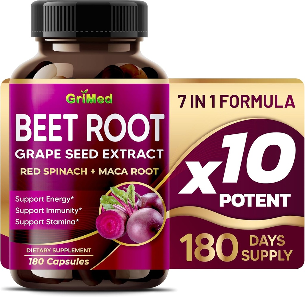 GriMed Beet Root with Grape Seed Extract, Maca Root, Red Spinach & Ashwagandha – 180 Sebze Capsules