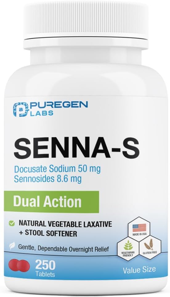 Puregen Labs Senna-S Natural Vegetable Laxative Plus Stool Softener Dual Action - 250 Tablets Senna Plus | Gentle Dependable Overnight Relief of Occasional Constipation