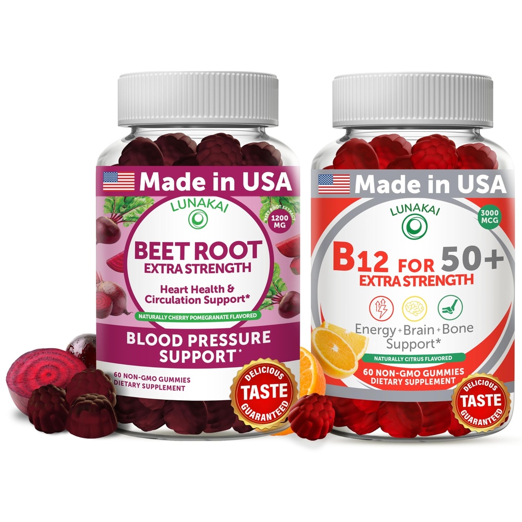 Lunakai Beet Root and Vitamin B12 Gummies for Adults 50 Plus Bundle Proprietary Antioxidant Blend - Heart & Circulation Support, Energy & Vitality Boost, Υψηλή Δύναμη