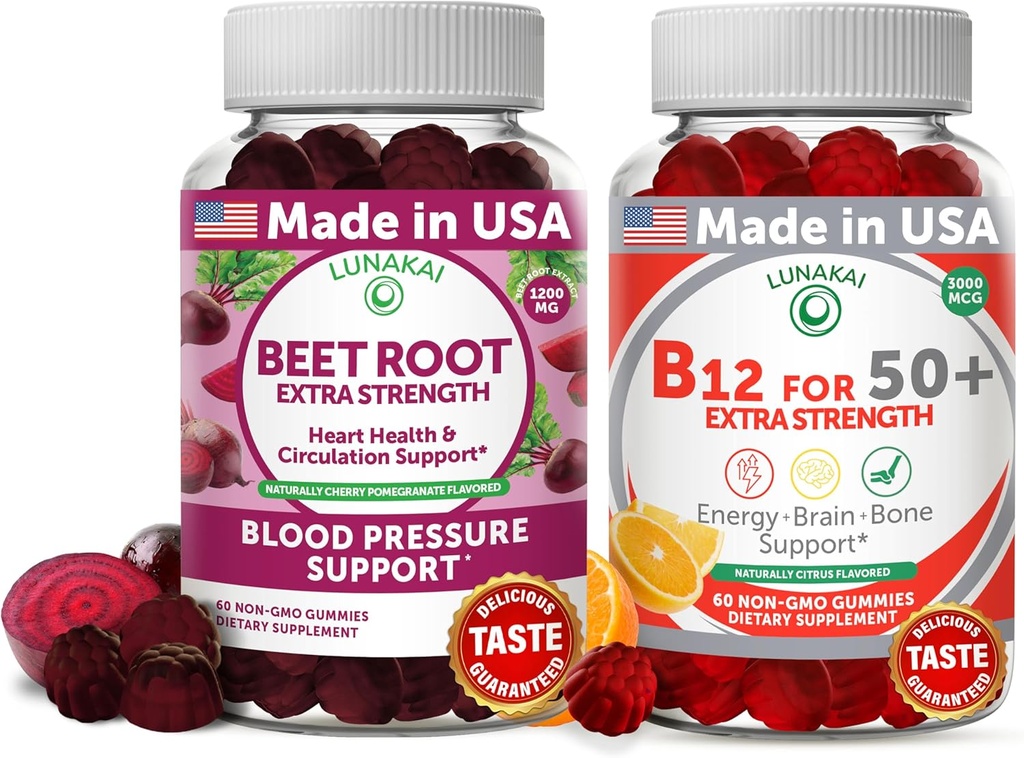 Lunakai Beet Root and Vitamin B12 Gummies for Yetişkinler 50 Plus Scherietary Antioksit - Heart & Circulation Support, Energy & Vitality Boost, High Strength