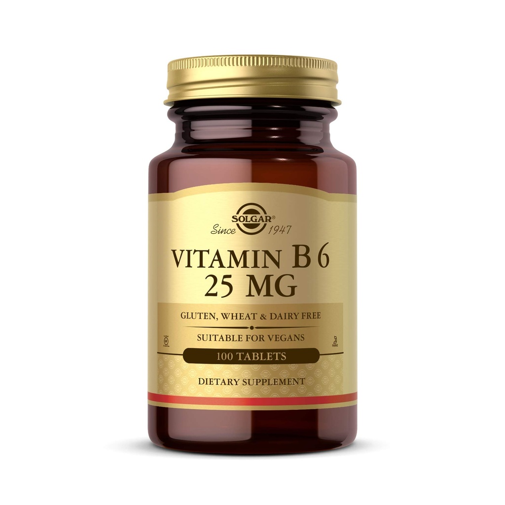Solgar Vitamin B6 25 mg, 100 Tablet - Enerji Metabolism, Kalp Sağlığı ve Sağlıklı Nervous Sistemi - B Kompleks Tamam - Vegan, Gluten Free, Süt Free, Kosher - 100 Hizmet