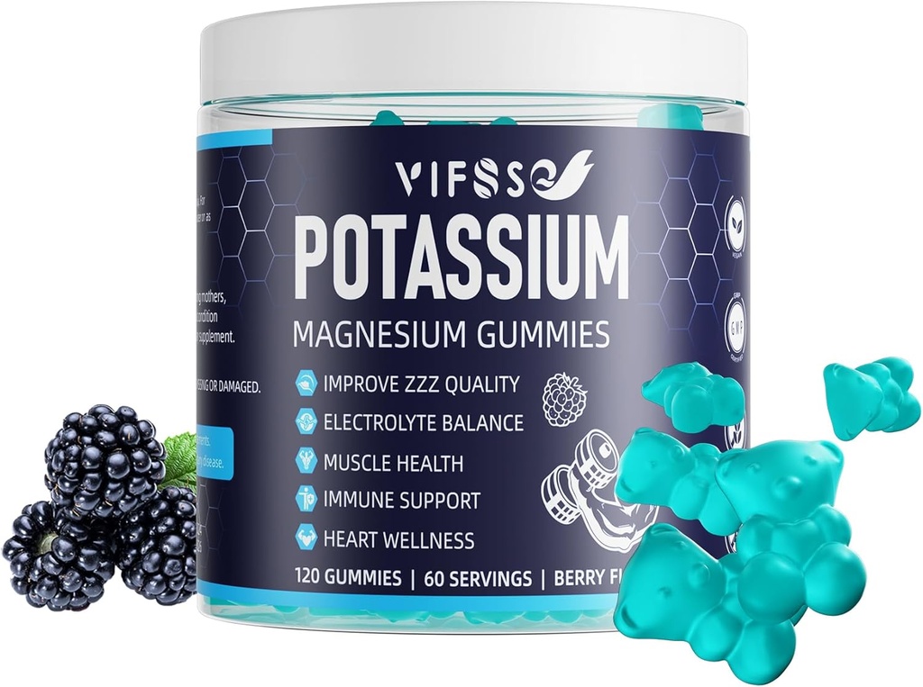 Potassium Magnesium Gummies, Potassium 120 Gummies Sugar Free for Men and Women, Support Leg & Muscle & Heart Health, Magnesium Glycinate Gummies Best for Bedtime, Vegan, Non-GMO, Berry Flavor