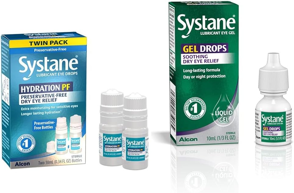 Systane Hydration Multi-Dose Preservative-Free Eye Drops Kuru Eye Relief Twin Pack (2x10 ml) & Lubricant Eye Gel Drops, 10mL (Package May Vary)