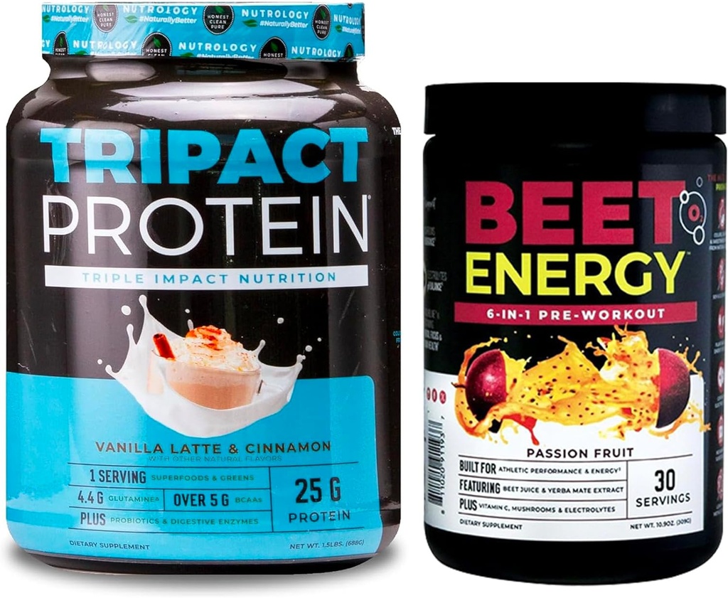Nutrology Beet Natural O2, Pre Workout Toz, Passion Fruit Flavor (30 hizmet) TRIPACT protein Toz, 7-in-1 Meal Change Shake, Vanilla Latte Cinnamon Flavor (20 hizmet)