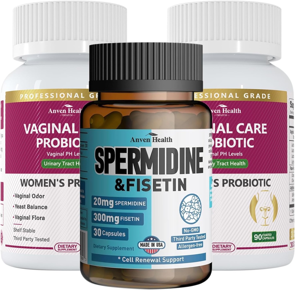 Women’s Health Bundle: 2 Bottles of Vaginal Probiotics + 1 Bottle of Spermidine & Fisetin – Vaginal, Gut & Immune Health + Cellular Renewal & Anti-Aging Support