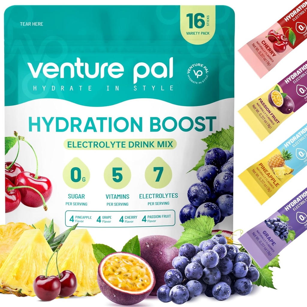Venture Pal Sugar Free Electrolyte Toz Paketleri - Sıvı Günlük IV Hızlı Hydration & Parti Recovery için Mix | 5 Vitamin & 7 Elektrolytes / Keto Friendly | Non-GMO | sertifikalı Vegan | 16 Sticks