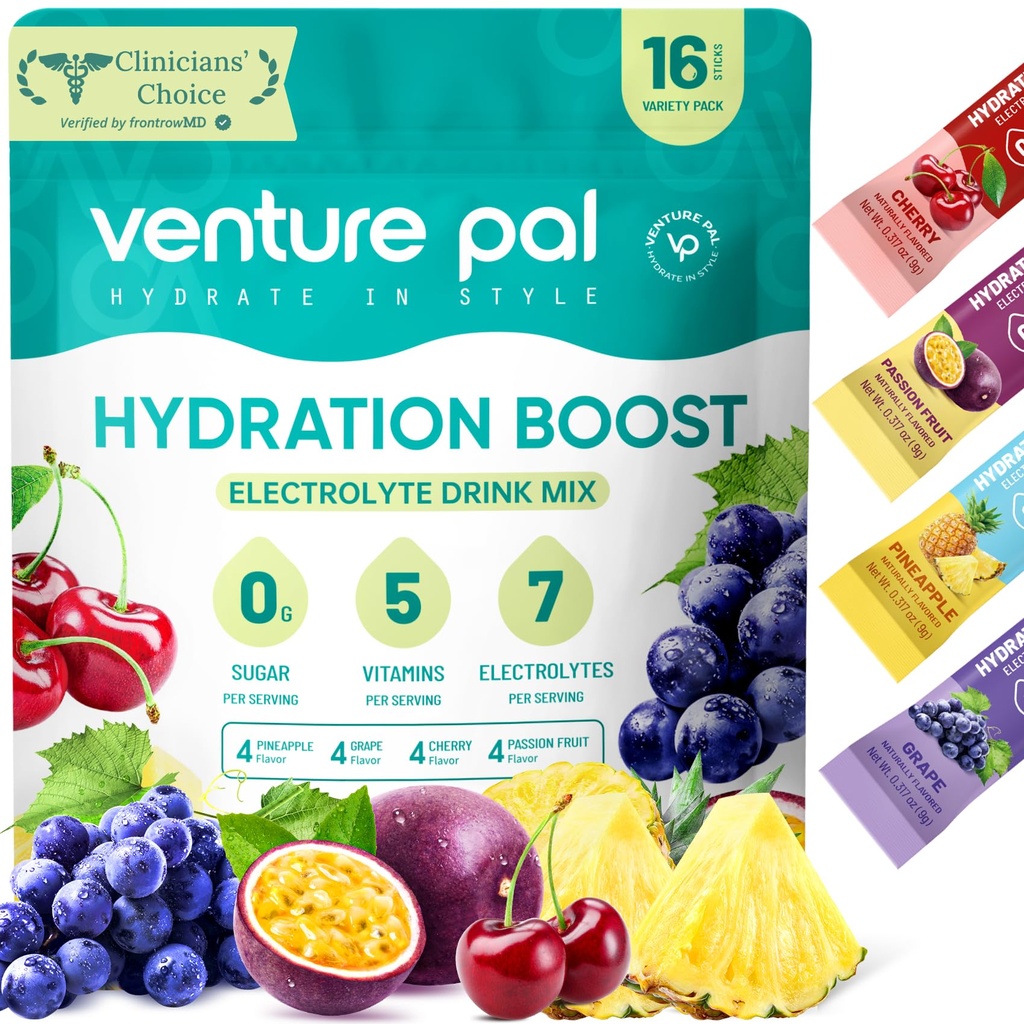Venture Pal Sugar Free Electrolyte Toz Paketleri - Sıvı Günlük IV Hızlı Hydration & Parti Recovery için Mix | 5 Vitamin & 7 Elektrolytes / Keto Friendly | Non-GMO | sertifikalı Vegan | 16 Sticks