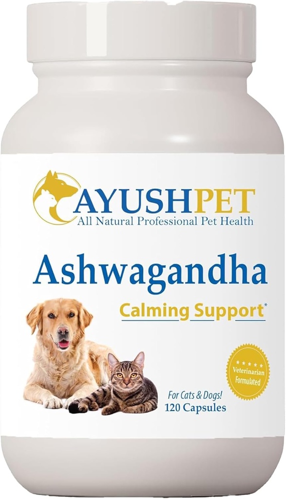 Ayush Pet Ashwagandha Κάψουλες για σκύλους & γάτες - Βιολογικό εκχύλισμα ρίζας Ashwagandha για ηρεμία και καθημερινή ισορροπία, συμπλήρωμα προσαρμογόνου ευεξίας για κατοικίδια ζώα, 500mg ανά κάψουλα - 120 κόμης
