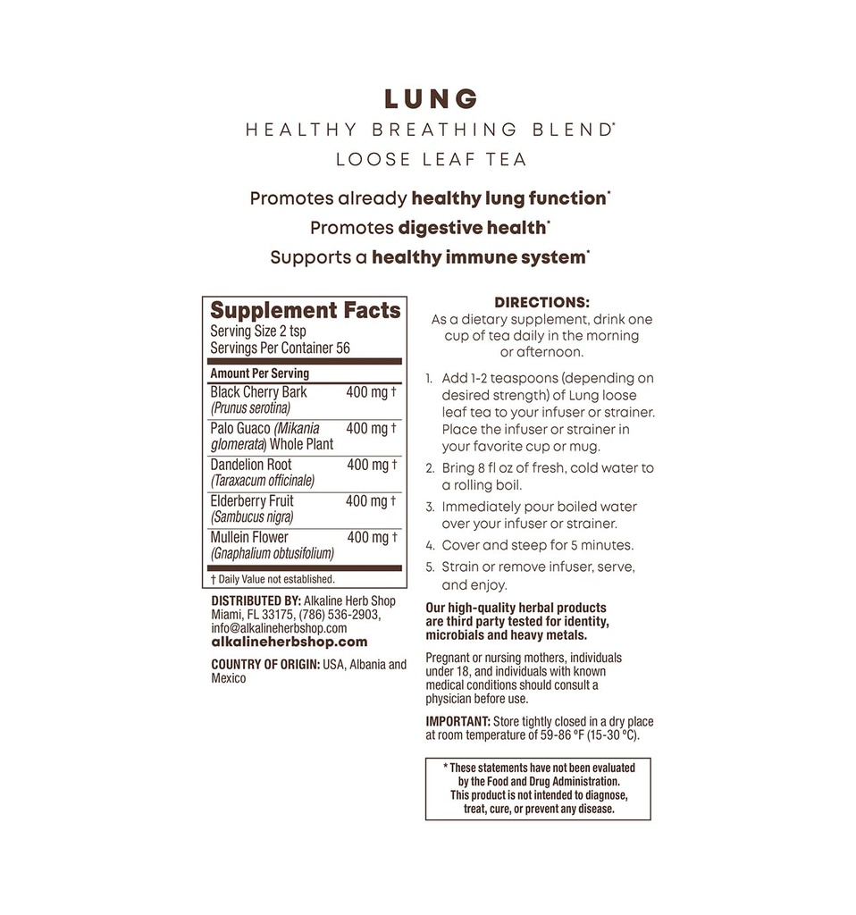 Alkaline Herb Shop - Happy Lung Tea Supplement - Made with Natural Wildcrafted Herbs - Mullein, Elderberry, Dandelion Root, Wild Cherry Bark. & Guaco - Vegan - Χωρίς γλουτένη - 4 Oz Loose Leaf Herbal Tea