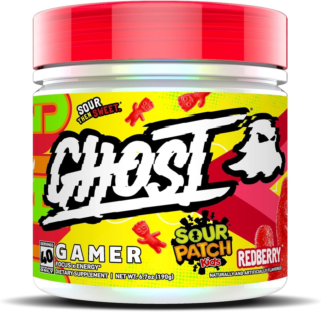 GHOST Gamer: Enerji ve Focus Support Formula - 40 Hizmetler, Sour Patch Kids Redberry - Nootropics & Natural Caffeine for Dikkat, Truth & Reaction Time - Vegan, Gluten-Free Free