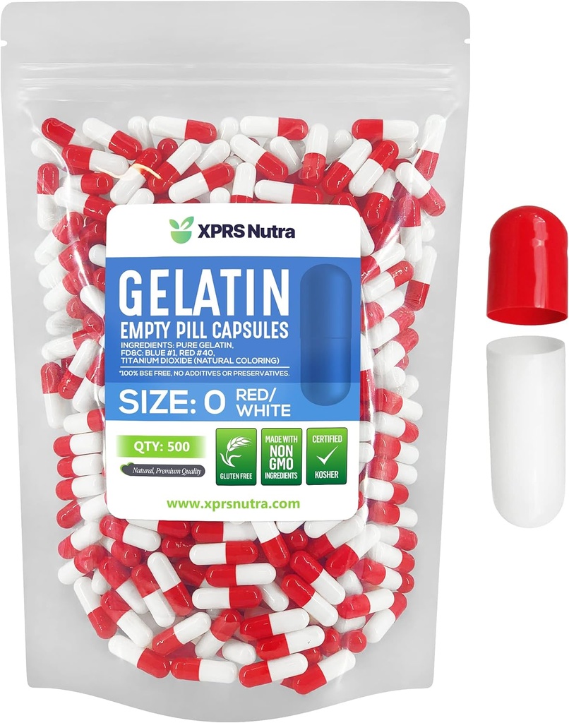 XPRS Nutra Size 0 Empty Capsules - 500 Count Empty Gelatin Capsules - Pills DIY Capsule Filling - Pure Bovine Pill Gel Caps for Do-It-Yourself Supplements (Red/White)