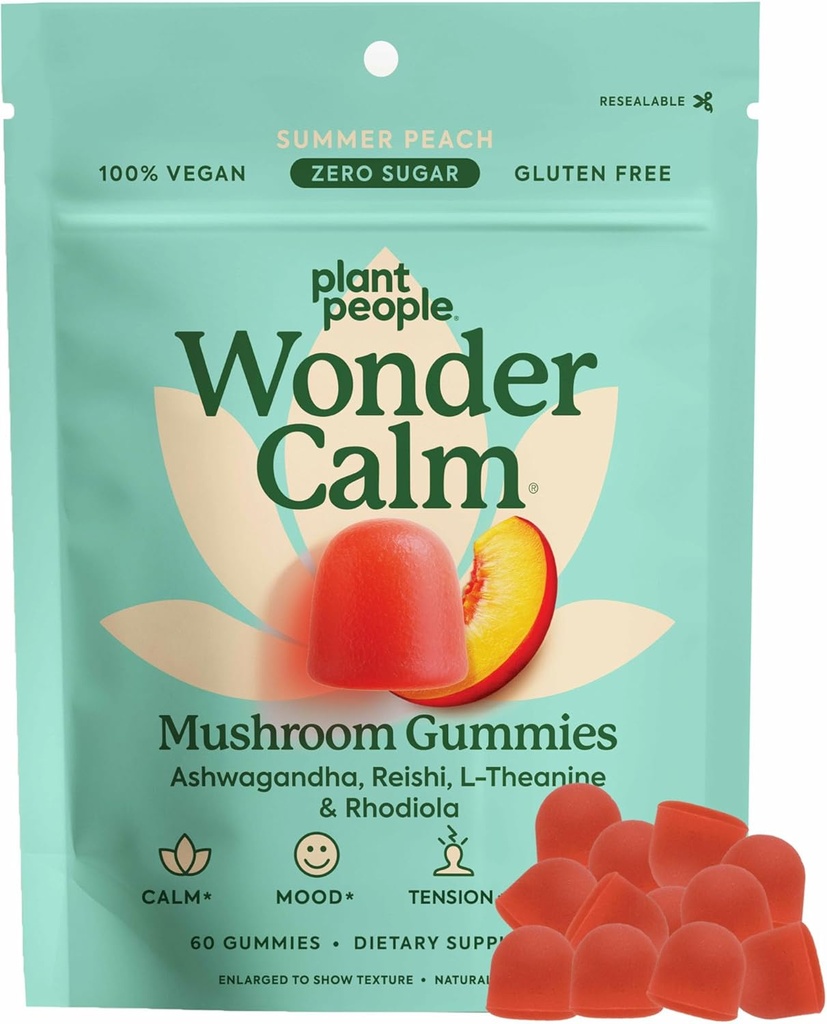 Plant People WonderCalm Mushroom Gummies - Φυσικό συμπλήρωμα Ashwagandha για να διευκολύνει το στρες & να ενισχύσει τη διάθεση για ενήλικες χωρίς ζάχαρη, γλουτένη ή τεχνητά χρώματα, Vegan-Friendly, Ροδάκινο Γεύση, 60 κόμης