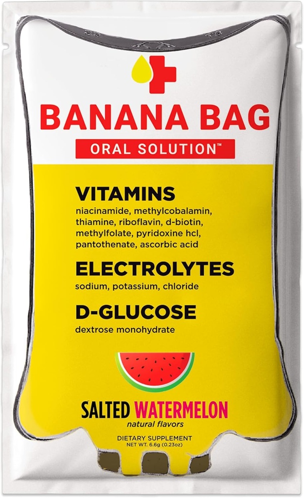 Banana Bag Oral Çözüm Paketleri - Salted Watermelon 15pk | Elektrolitlerin Yenilenmesi, C vitamini ve B-Complex for Hydration and Energy. Rahat, Easy-to-Mix ve Daily Use için mükemmel.