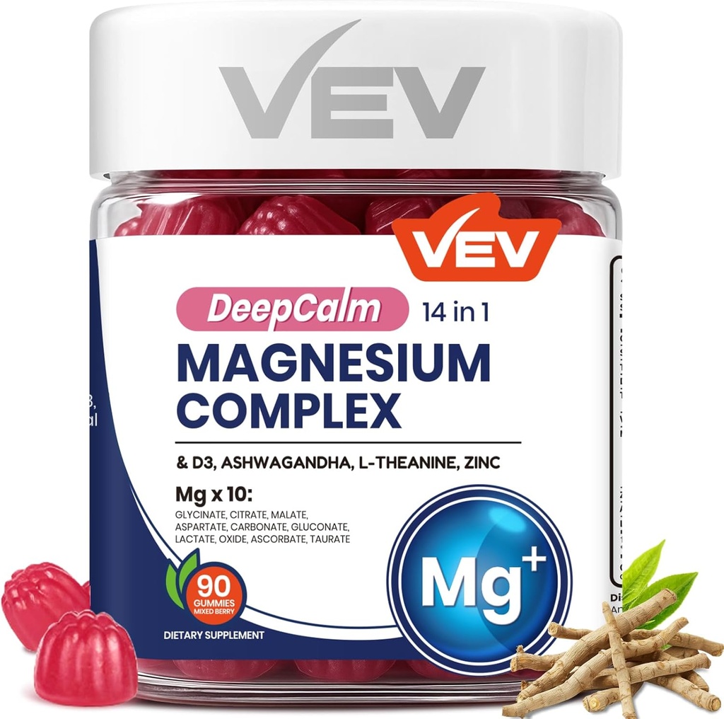 VEV Magnesium Complex DeepCalm 14-in-1 Gummies – με Ashwagandha, L-Θεανίνη, D3 & ψευδάργυρο – Cortisol Συμπληρώματα για τις γυναίκες – 90 Όχι Προστιθέμενη ζάχαρη Vegan Μαγνήσιο Glycinate Complex Gummies