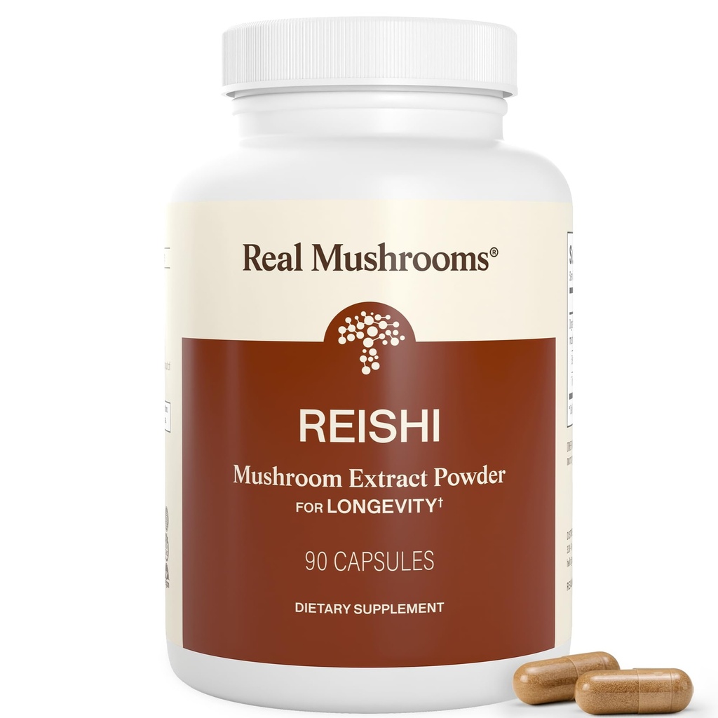 Real Mushrooms Reishi Mushroom Capsules - Handpicked Organic Mushroom Extracts - Red Reishi for Tranquil Daily Wellness için Doğrulanmış Beta Glucans Vegan, Non-GMO, Noj Fillers, 90 ct