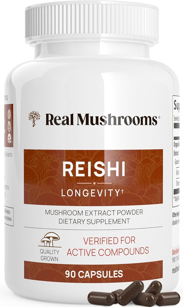 Real Mushrooms Reishi Mushroom Capsules - Handpicked Organic Mushroom Extracts - Red Reishi for Tranquil Daily Wellness için Doğrulanmış Beta Glucans Vegan, Non-GMO, Noj Fillers, 90 ct