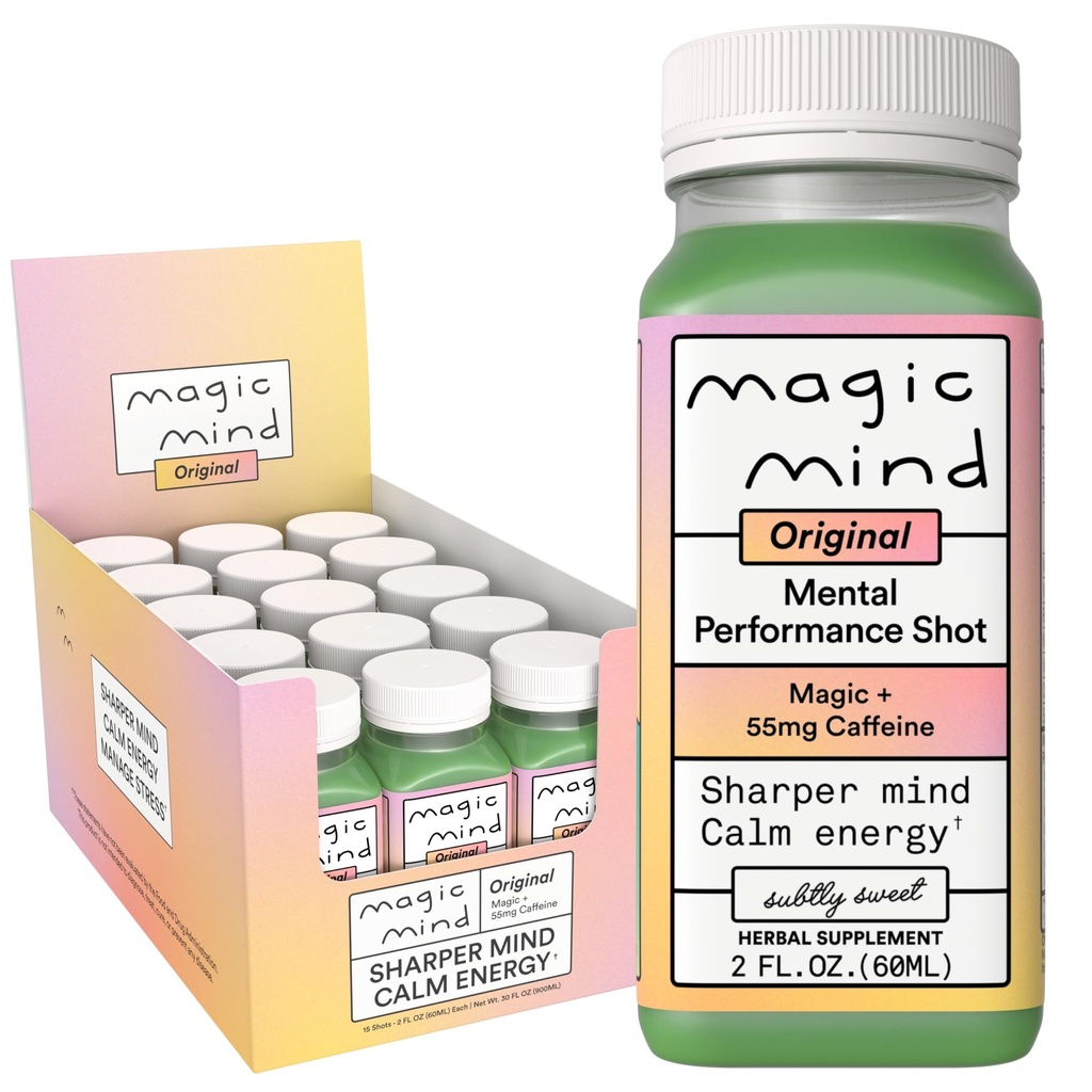 Magic Mind Energy And Focus Drink Shots - Stres Relieving, No Jitters, Ashwagandha, Vitamin B12, C, Matcha Green Tea, Fonksiyonel Mushrooms - 2 FL Oz (15 Pack)