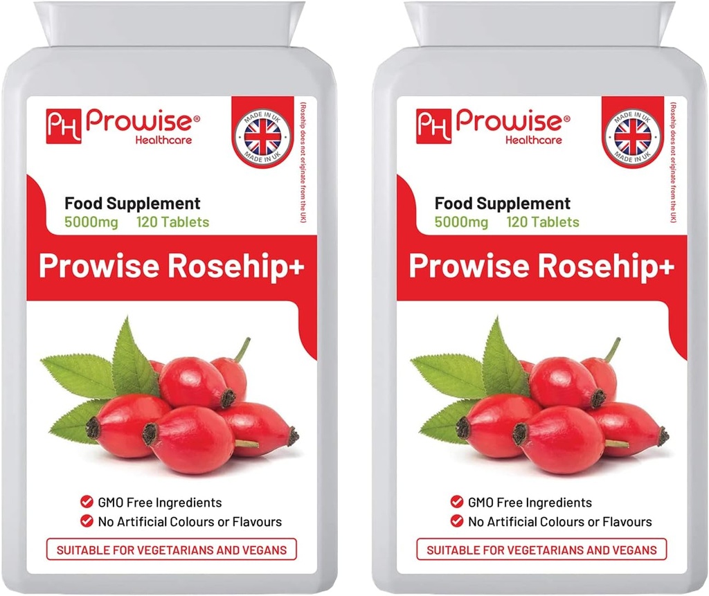 Rosehip Health+ (πακέτο των 2) 5000mg 120 δισκία - UK Κατασκευασμένο GMP Εγγυημένη Ποιότητα - Κατάλληλο για χορτοφάγους & Vegans από Prowise Healthcare