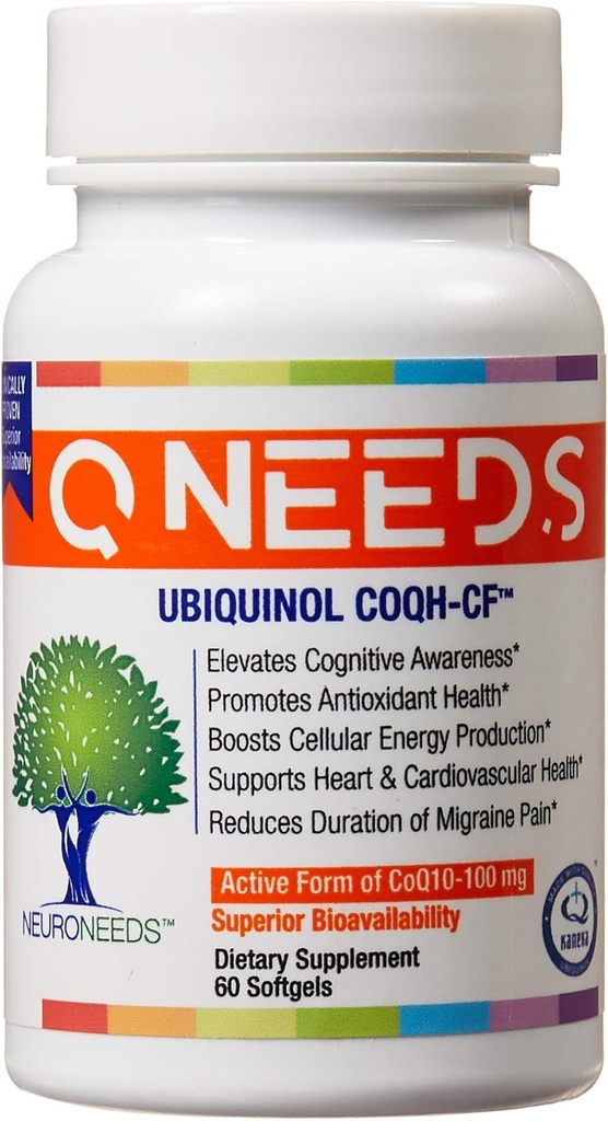 QNeeds® coqh-cf Ubiquinol 100 mg COQ10 Klinik olarak Maksimum Aborpsiyon için geliştirilmiş Teslimat, Geliştirilmiş Mitochondrial Support, Antioksit Health, 60 Count Softgels