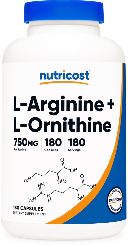 Nutricost L-Arginine L-Ornithine 750 mg; 180 Capsules