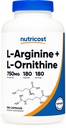 Nutricost L-Arginine L-Ornithine 750 mg; 180 Capsules