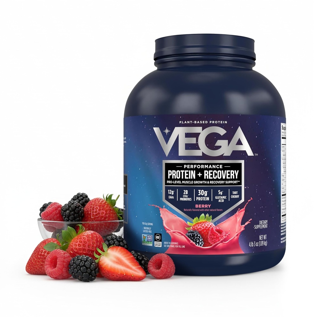 Vega Sport Vegan Protein Toz + Recovery - 30g Plante bazlı proteinler, Berry, 45 Hizmetler, 5g BCAAs, Probiyotikler, NSF sertifikalı, Shakes & Smoothies, 4.2lbs (Package May Vary)
