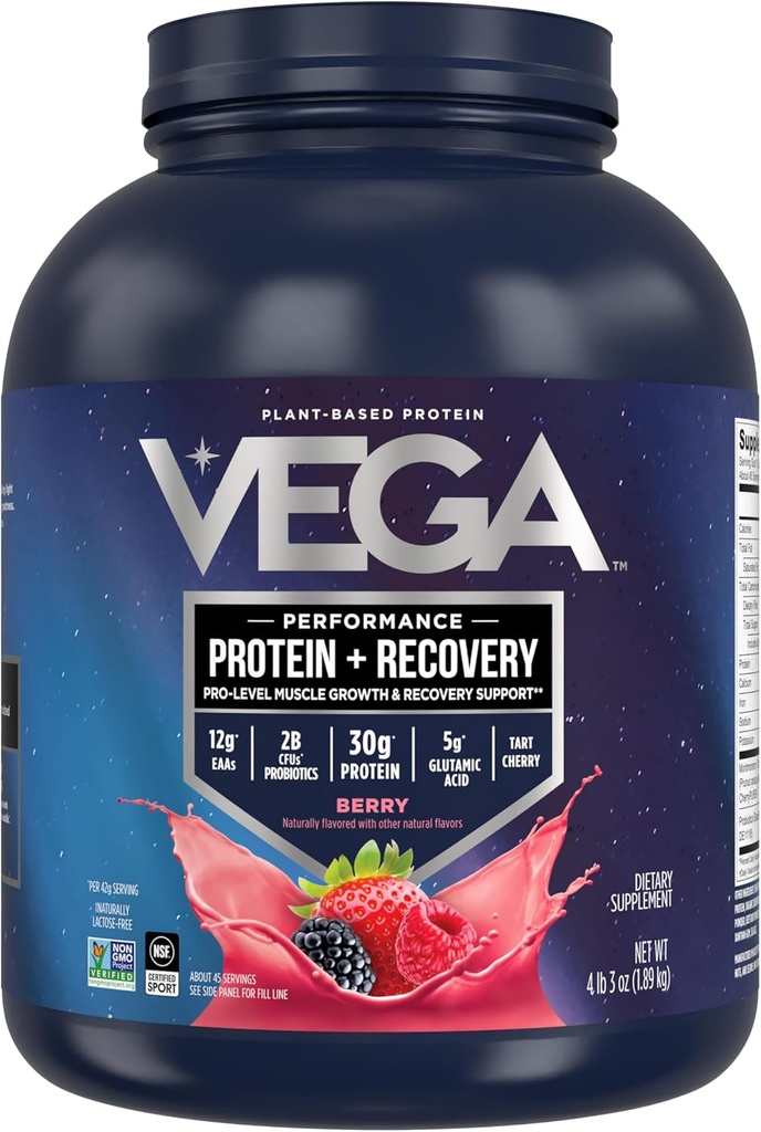 Vega Sport Vegan Protein Toz + Recovery - 30g Plante bazlı proteinler, Berry, 45 Hizmetler, 5g BCAAs, Probiyotikler, NSF sertifikalı, Shakes & Smoothies, 4.2lbs (Package May Vary)