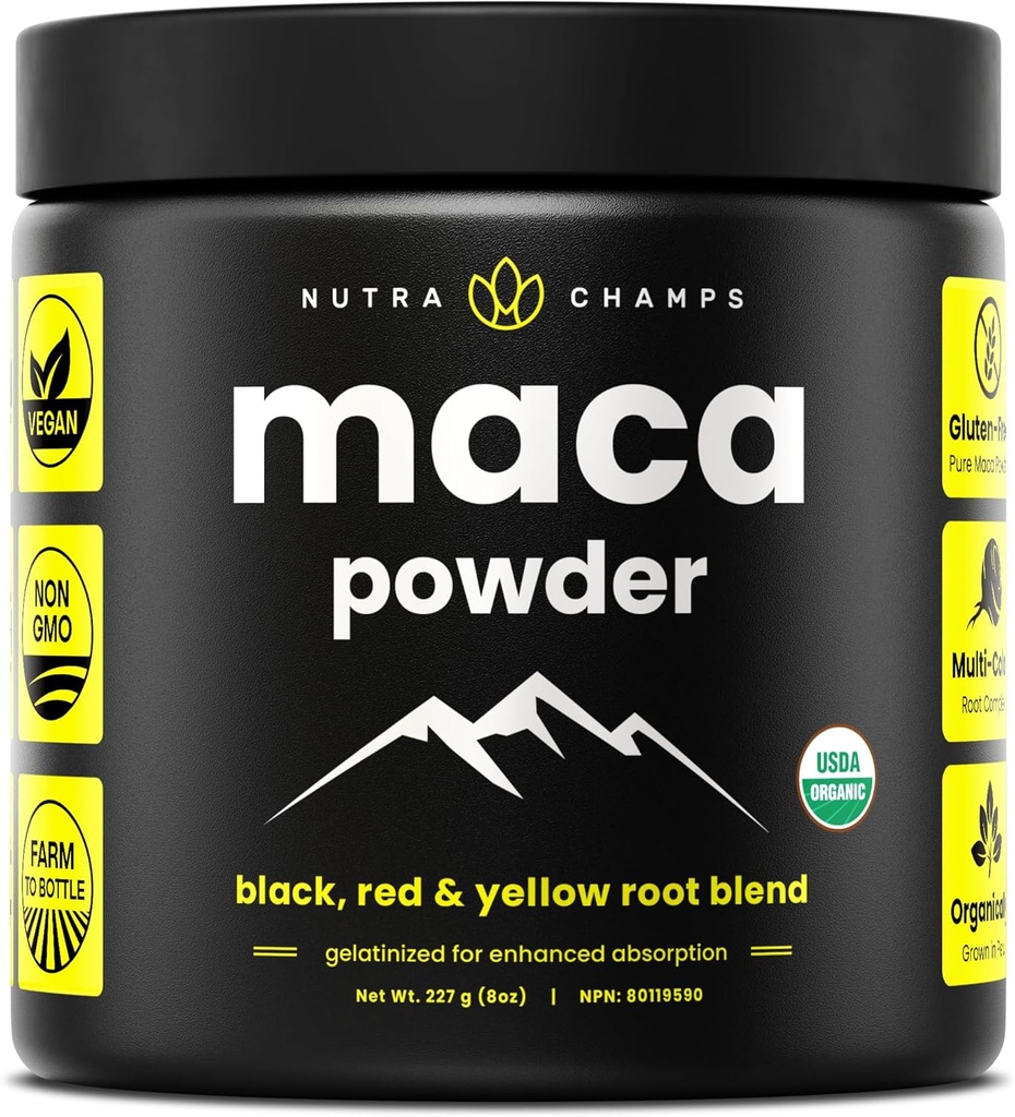 Βιολογική σκόνη Maca - Περουβιανή Grown Maca Blend με κίτρινες, μαύρες και κόκκινες ρίζες - Ζελατινοποιημένο για την ανώτερη βιοδιαθεσιμότητα - Φυσικό, Vegan & μη-GMO, 8oz