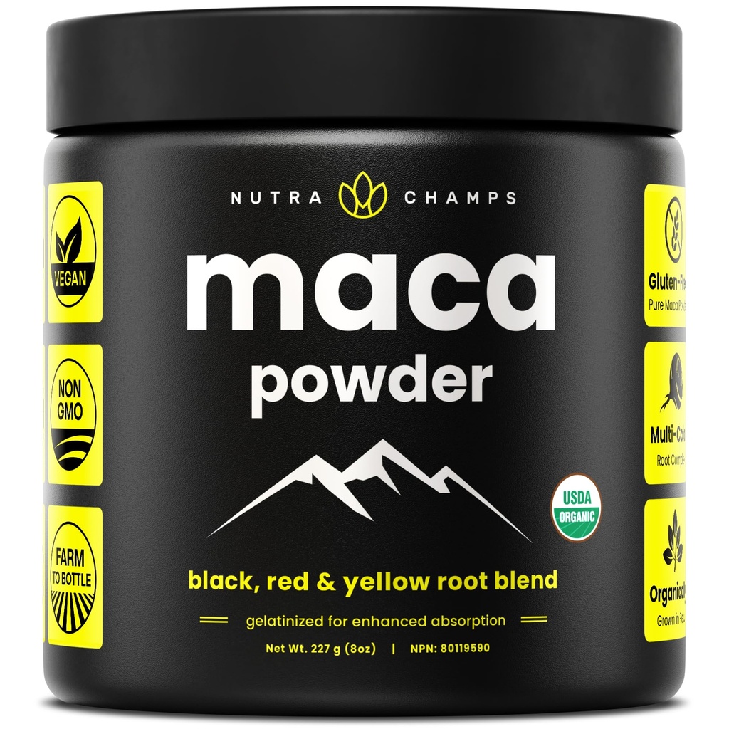 Organik Maca Toz - Peruvian Grown Maca Mix with Yellow, Black & Red Roots - Mükemmel Bioavailability - Natural, Vegan & Non-GMO, 8oz
