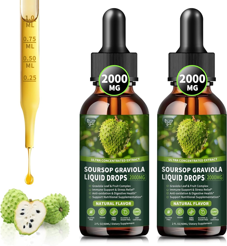 (2 Pack) Soursop Graviola Υγρές σταγόνες 2000mg, 98% Απορρόφηση για την υποστήριξη & αναγέννηση κυττάρων, ανοσοενισχυτικό, συκώτι, βοτανική καλοσύνη, bitters Soursop Liquid-sugar/Gluten Free, Φυσική Γεύση, 4 Fl Oz