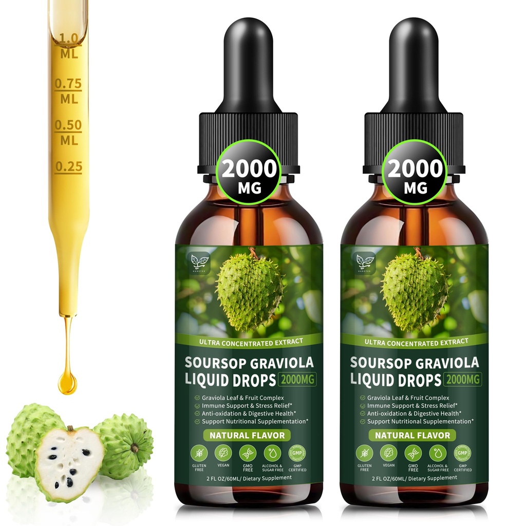 (2 Pack) Soursop Graviola Υγρές σταγόνες 2000mg, 98% Απορρόφηση για την υποστήριξη & αναγέννηση κυττάρων, ανοσοενισχυτικό, συκώτι, βοτανική καλοσύνη, bitters Soursop Liquid-sugar/Gluten Free, Φυσική Γεύση, 4 Fl Oz