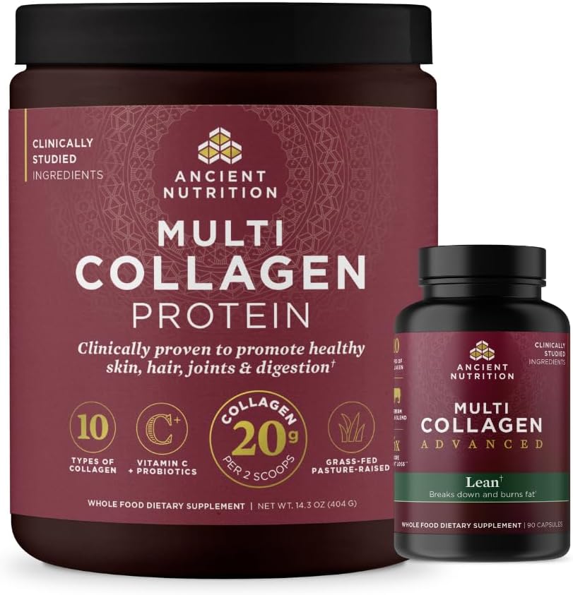 Ancient Nutrition Multi Collagen Advanced Lean Capsules, 90 Count + Multi Collagen Protein Powder, Unflavored, 40 Servings