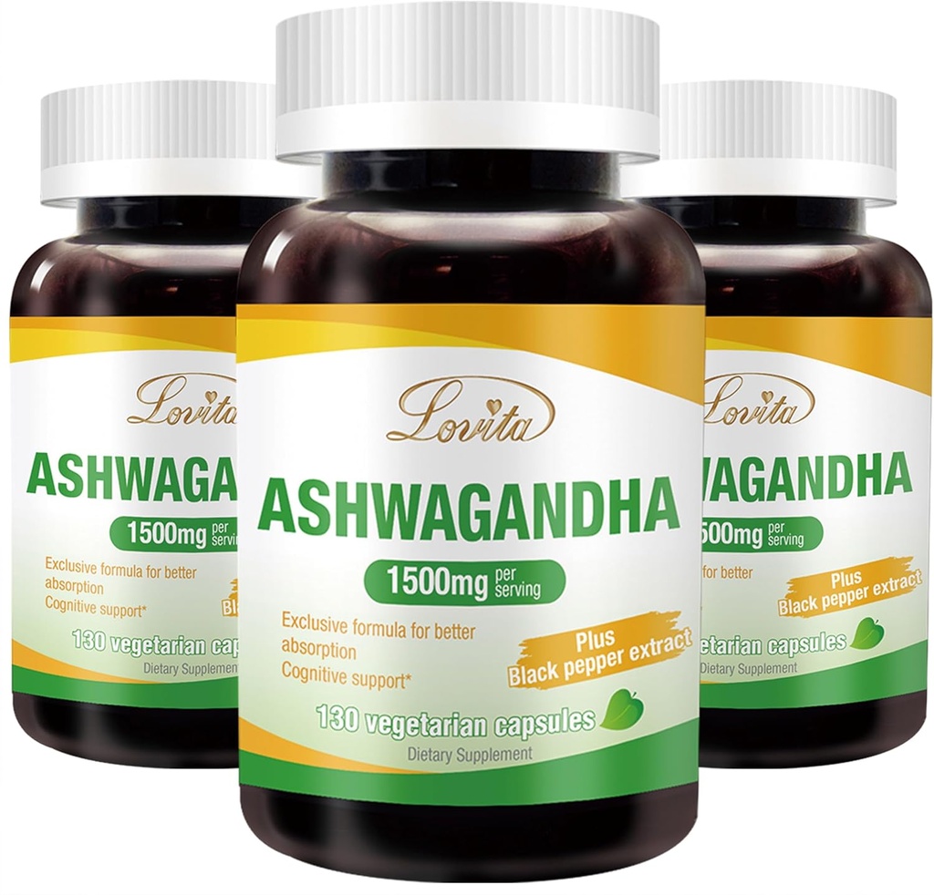 Lovita KSM-66 Ashwagandha | Highly Interd |% 5 Withanolide |% 95 Black Pepper Piperine | Stres Yardım & Enerji Desteği | Vegan, Gluten Free | 130 Capsules (Pack of 3)