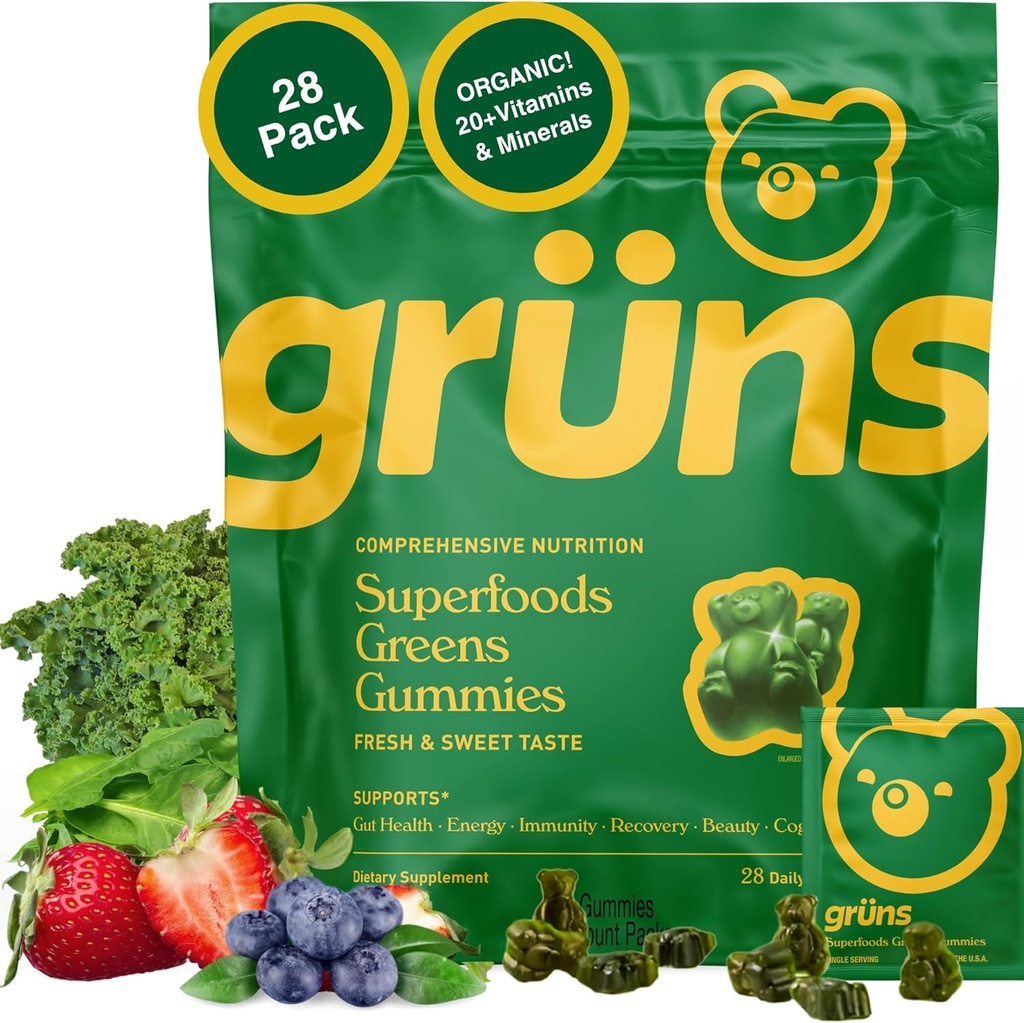 Gruns Yetişkinler Super Greens Multivitamin Gummies, Superfood Vitamin Gummy Bears with Spirulina, Chlorella, Prebiyotik Fiber for Digestive Health, Adaptogens Supplement, 20 Vitamins & Minerals, 28 Kont