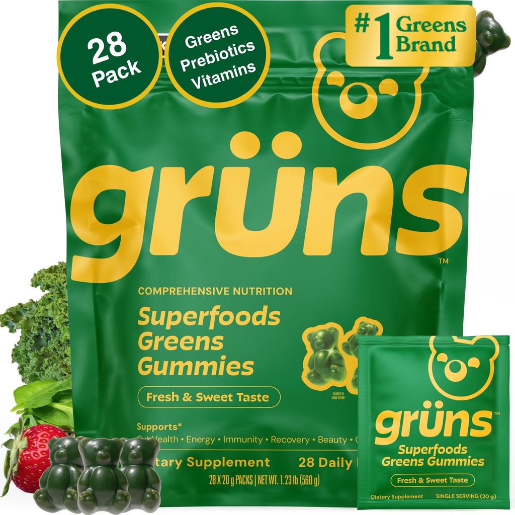 Gruns Yetişkinler Super Greens Multivitamin Gummies, Superfood Vitamin Gummy Bears with Spirulina, Chlorella, Prebiyotik Fiber for Digestive Health, Adaptogens Supplement, 20 Vitamins & Minerals, 28 Kont