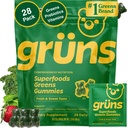 Gruns Adult Super Greens Multivitamin Gummies, Superfood Gummy Vitamins for Women and Men with Spirulina, Chlorella, Adaptogens & Prebiotic Fiber for Digestive Health (28 Count)