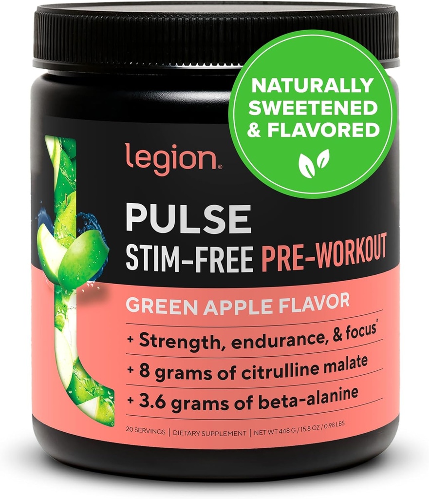 LEGION Pulse Pre workout Supplement - Όλα τα φυσικά Nitric Oxide Preworkout Ποτό για την ενίσχυση της ενέργειας, Createine Δωρεάν, φυσικά ζαχαρούχο, Beta Alanine, Citrulline, Alpha GPC (Caffeine Free Green Apple)