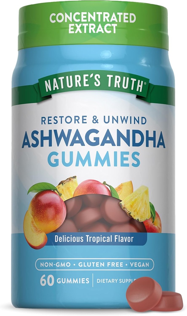 Nature's Truth Ashwagandha Gummies | 60 Kont | Tropikal Flavor | Vegan, Non-GMO, & Gluten Free Supplement Supplement