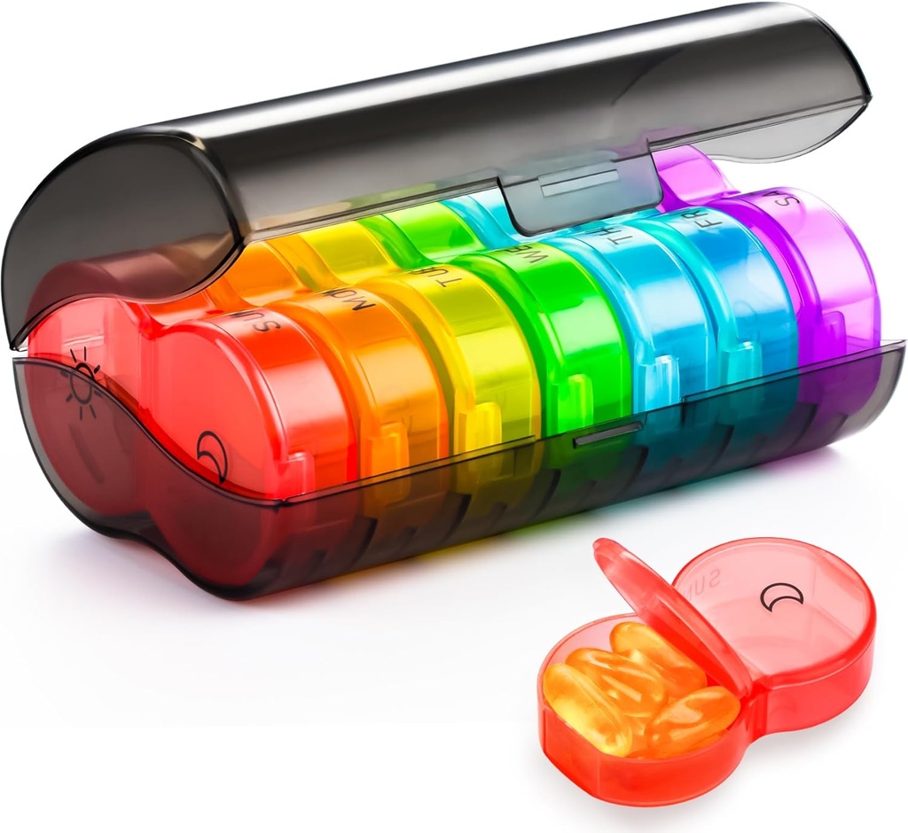 Yaklim Pill Organizer 2 φορές την ημέρα, Weekly Pill Box AM PM, Black Privacy Protection Daily Medicine Pill Organizer with Large BPA Free Pill Case for Holding Vitamins, Fish Oils, Συμπληρώματα (Rainbow)