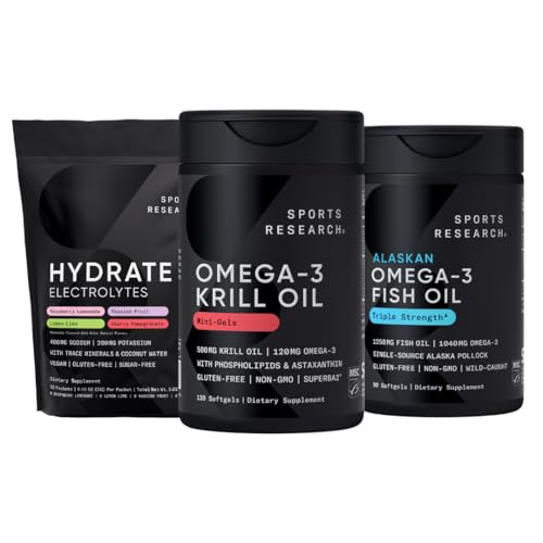 Spor Araştırma Antarktika Krill Oil Omega 3 Mini-Softgels 500 mg with Phospholipids, Choline, Astaxanthin, Triple Strength 3 Omega Burpless Fish Oil 1250 mg, Sugar Free Multi Flavor Hydrate Electrolytes