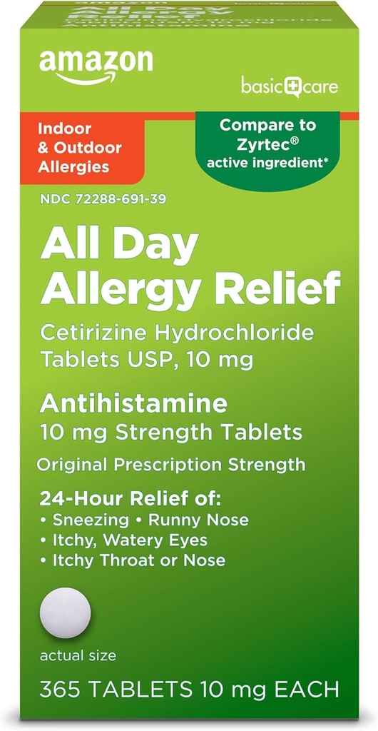 Temel Bakım Tüm Gün Alerjileri, Cetirizine Tablet Tabletleri, Antihistamin, 10 mg, 365 Kont (Pazarlama değişebilir)