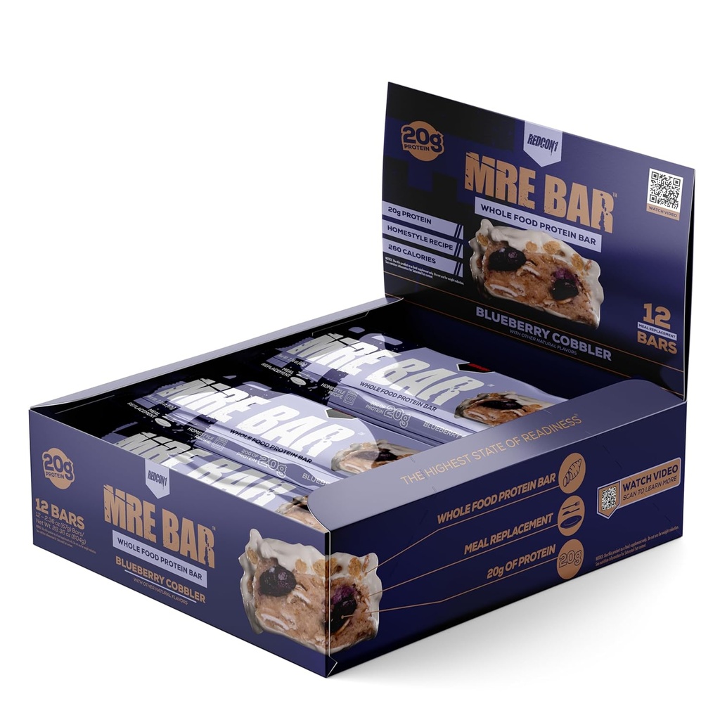 REDCON1 MRE protein Bar, Blueberry Cobbler - Contains MCT Oil + 20g of Whole Food protein - Easy Digestible, Macro Balanced Low Sugar Meal Change Bar (12 Bar)